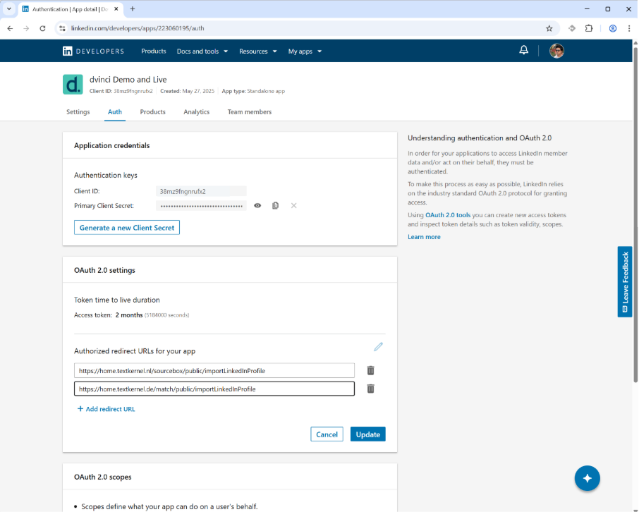 Abbildung der LinkedIn-App mit den eingetragenen Daten