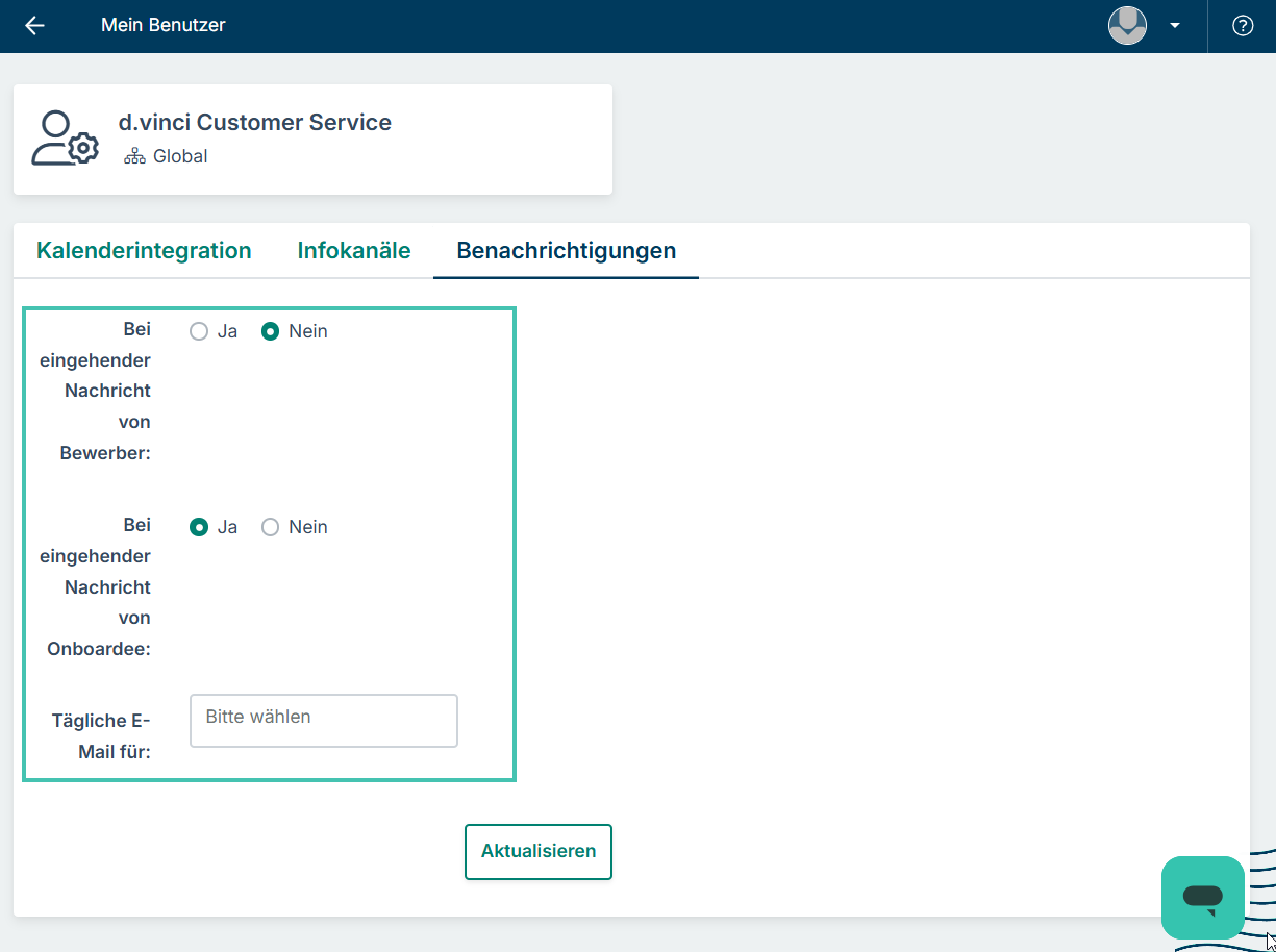 Registerkarte Benachrichtigungen mit Optionen diese zu steuern 
