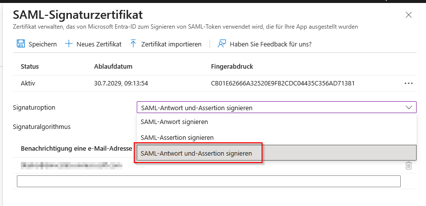 Dialog „SAML-Signaturzertifikat