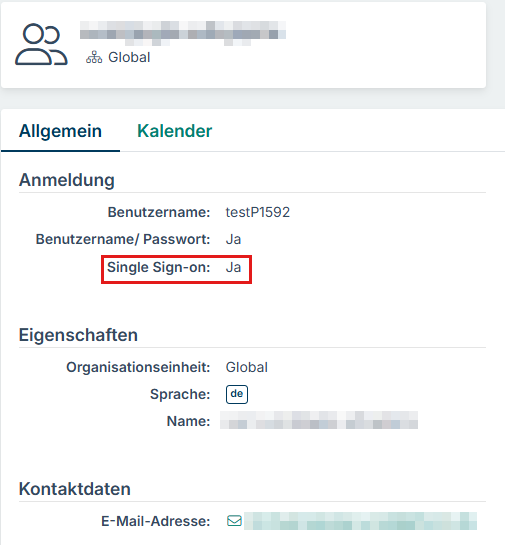 Benutzerdatensatz in d.vinci, Bereich „Anmeldung