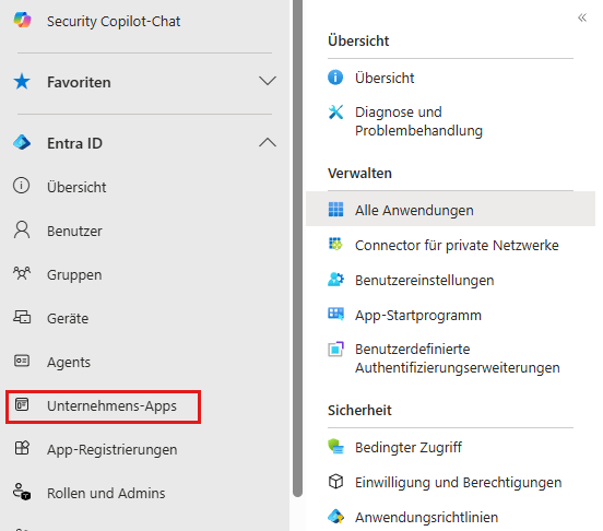 Linke Navigation des Entra Admin Centers mit hervorgehobenem Eintrag „Unternehmens-Apps