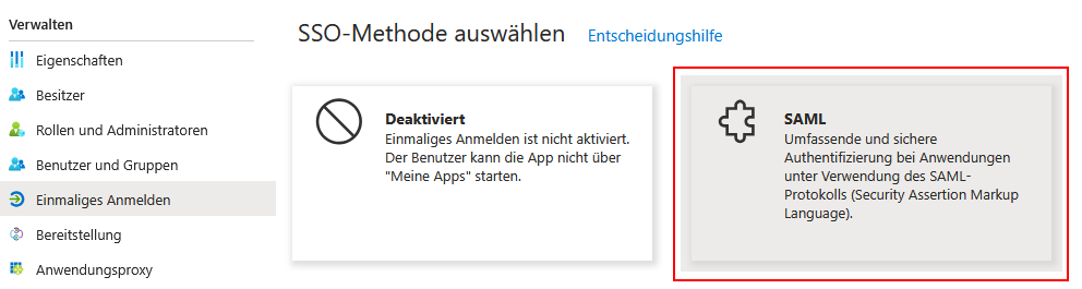 Bereich „SSO-Methode auswählen
