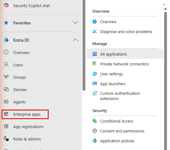 Left-hand navigation of the Entra admin center with the entry "Enterprise apps" highlighted under "Entra ID", next to it the enterprise applications menu with the entry "All applications".