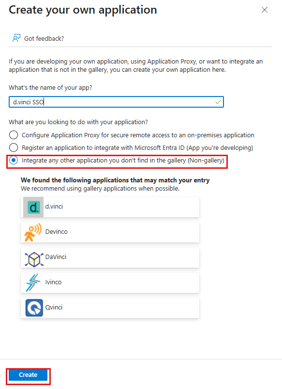 The "Create your own application" panel with the name "d.vinci SSO", the highlighted option "Integrate any other application you don't find in the gallery (Non-gallery)" and the highlighted "Create" button.