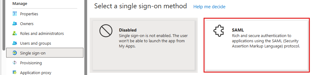 The "Select a single sign-on method" area with the tiles "Disabled" and "SAML", with "SAML" highlighted; on the left, "Single sign-on" is selected in the menu.
