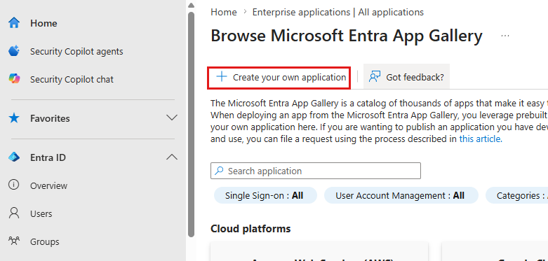 The "Create your own application" button above the application gallery.