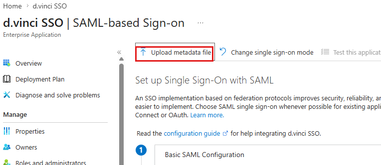 The "Upload metadata file" button highlighted on the SAML configuration page.