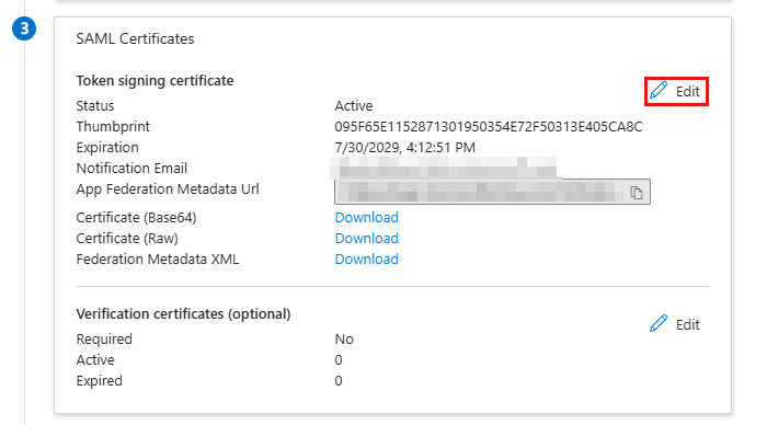 Section 3 "SAML Certificates" of the SAML configuration with the "Edit" button next to the token signing certificate highlighted.
