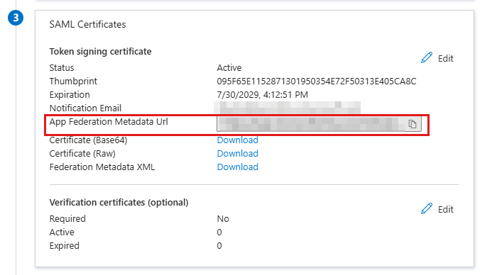 Section 3 "SAML Certificates" with the row "App Federation Metadata Url" highlighted and the copy icon at the right-hand end of the field.