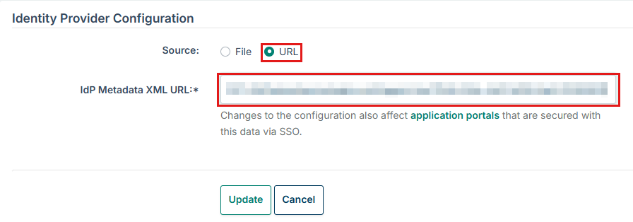The "Identity Provider Configuration" form with the source "URL" selected, the "IdP Metadata XML URL" field filled in and the "Update" button.