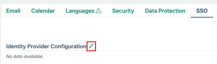 The "Identity Provider Configuration" area with the note "No data available" and the pencil icon highlighted.