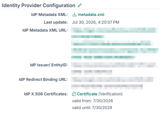 The "Identity Provider Configuration" area with values for IdP Metadata XML, Last update, IdP Metadata XML URL, IdP Issuer/ EntityID, IdP Redirect Binding URL and IdP X.509 Certificates with valid-from and valid-until dates.