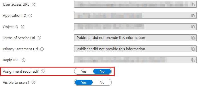 The "Properties" page of the enterprise application with the setting "Assignment required?" set to "No".