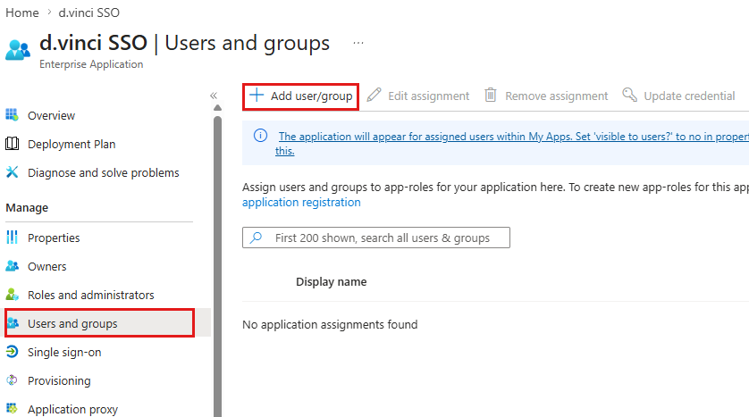 The "Users and groups" page of the application with the menu entry "Users and groups" and the "Add user/group" button highlighted.