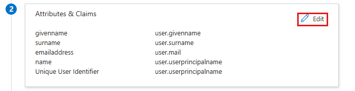 Section 2 "Attributes & Claims" of the SAML configuration with the Edit pencil highlighted.