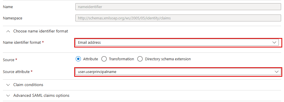 The "Manage claim" dialog with the fields "Name identifier format" and "Source attribute" highlighted.