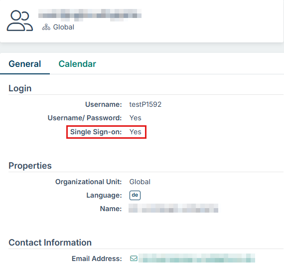 A user record in d.vinci, "Login" area, with the setting "Single Sign-on: Yes" highlighted.